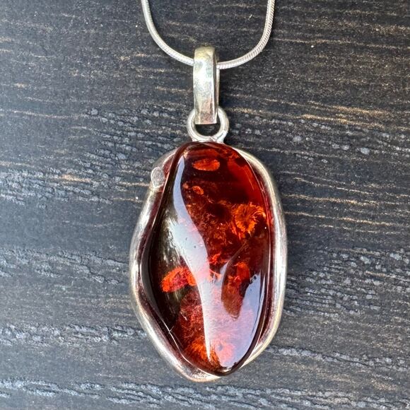 Vintage Genuine Cognac Baltic Amber Pendant, Sterling Silver Frame 18in Necklace - Picture 4 of 14